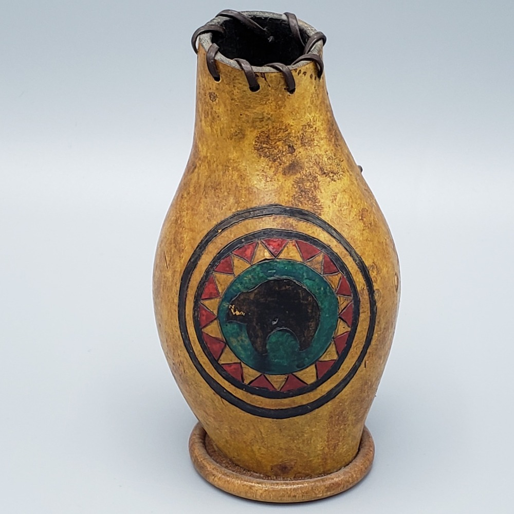 Hand Painted Southwestern Gourd Vase Art Decor Zuni Bear Motif‎ Folk Art
